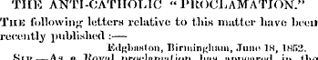 THE ANTI-CATHOLIC "PROCLAMATION." The fo...