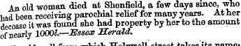 An old woman died at Shenfield, a few da...