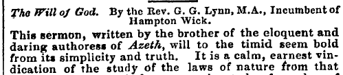 The Will of God. By the KeV. G. G. Lynn,...
