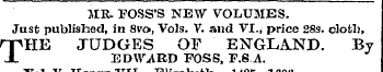 J[R FOSS'S NEW VOLUMES. Just published, ...