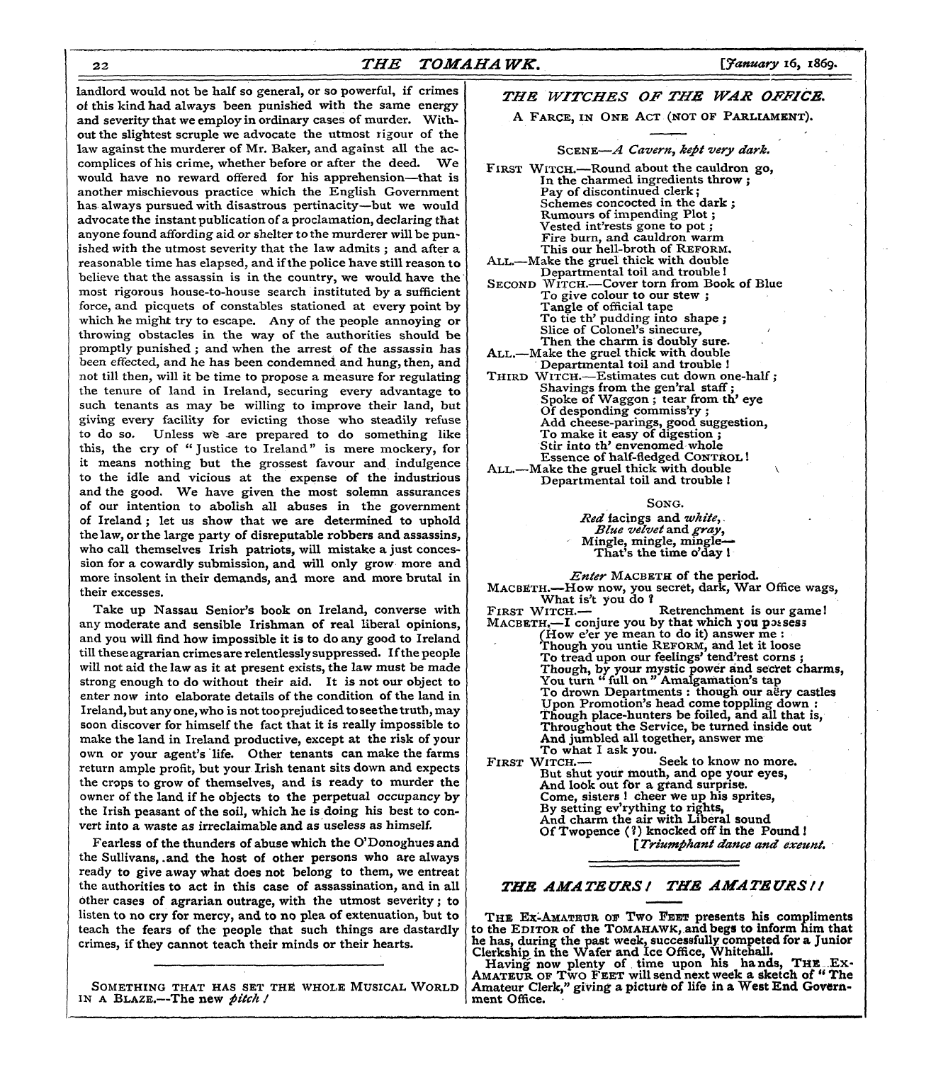 Tomahawk (1867-1870): jS F Y, 1st edition - The Witches Of The War Office. A Farce, ...