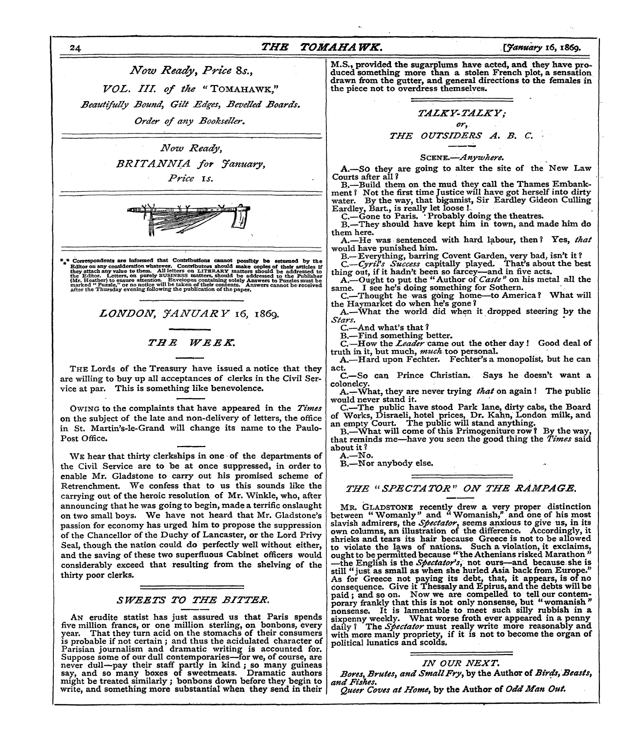 Tomahawk (1867-1870): jS F Y, 1st edition - London, January 16, 1869.