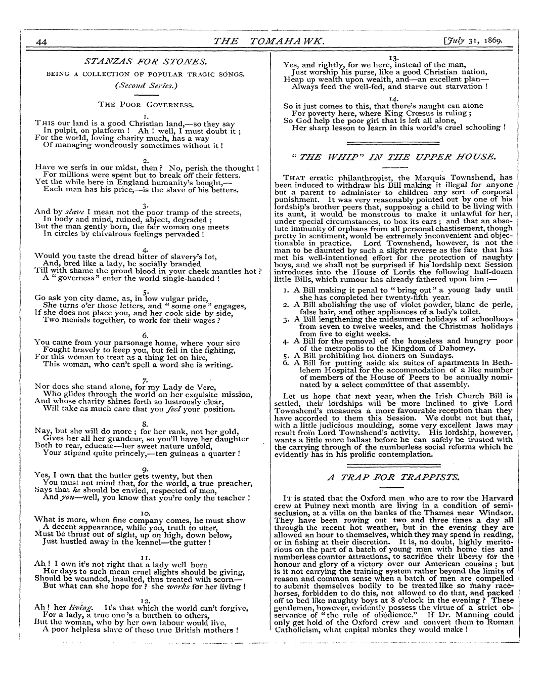 Tomahawk (1867-1870): jS F Y, 1st edition - The Poor Governess. 1. This Our Land Is ...