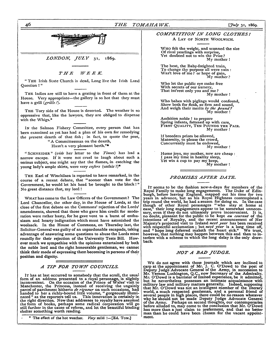 Tomahawk (1867-1870): jS F Y, 1st edition - The Earl Of Winchilsea Is Reported To Ha...