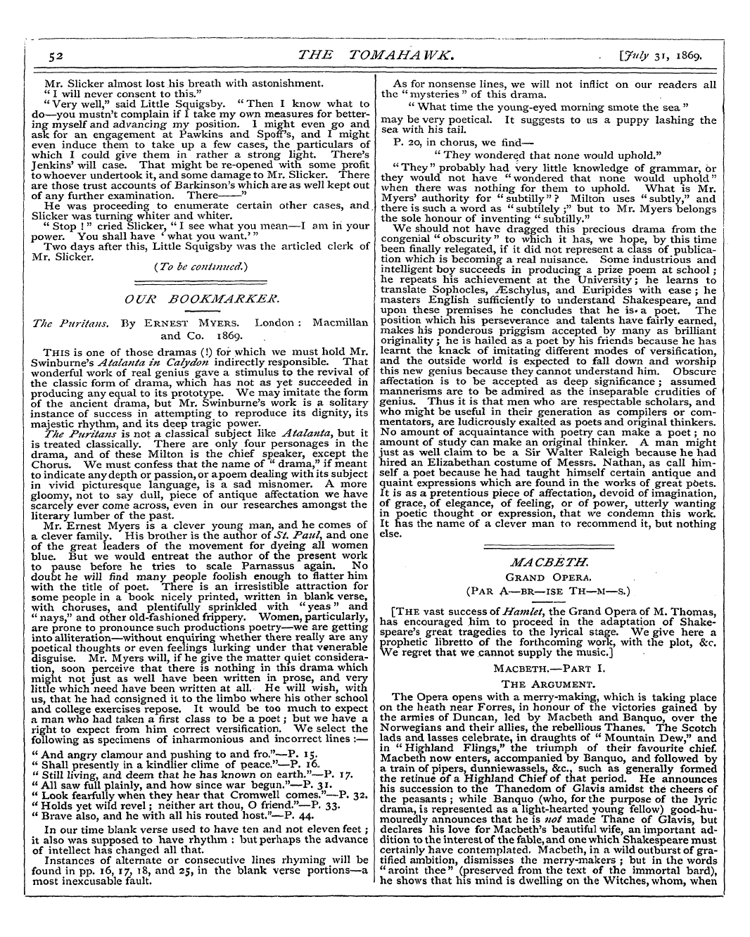 Tomahawk (1867-1870): jS F Y, 1st edition - 52 The Tomahawk. . [7><(K 3', 1869.