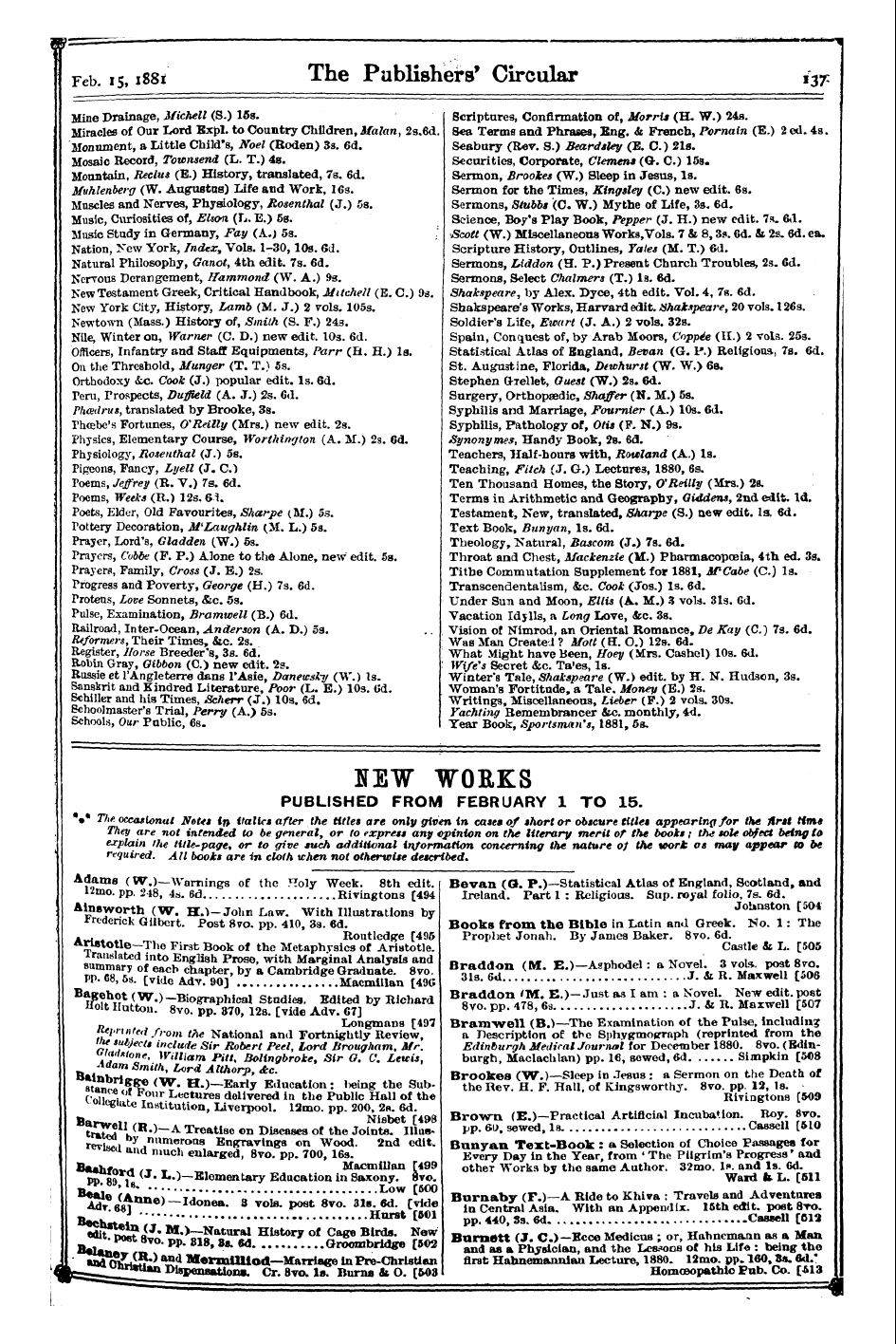 Publishers’ Circular (1880-1890): jS F Y, 1st edition - Adams 12mo. Pp (W . 248 ".)— , 4 Warning...