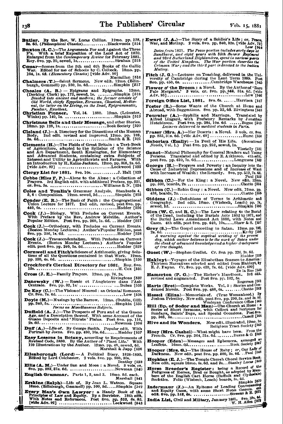 Publishers’ Circular (1880-1890): jS F Y, 1st edition - Adams 12mo. Pp (W . 248 ".)— , 4 Warning...