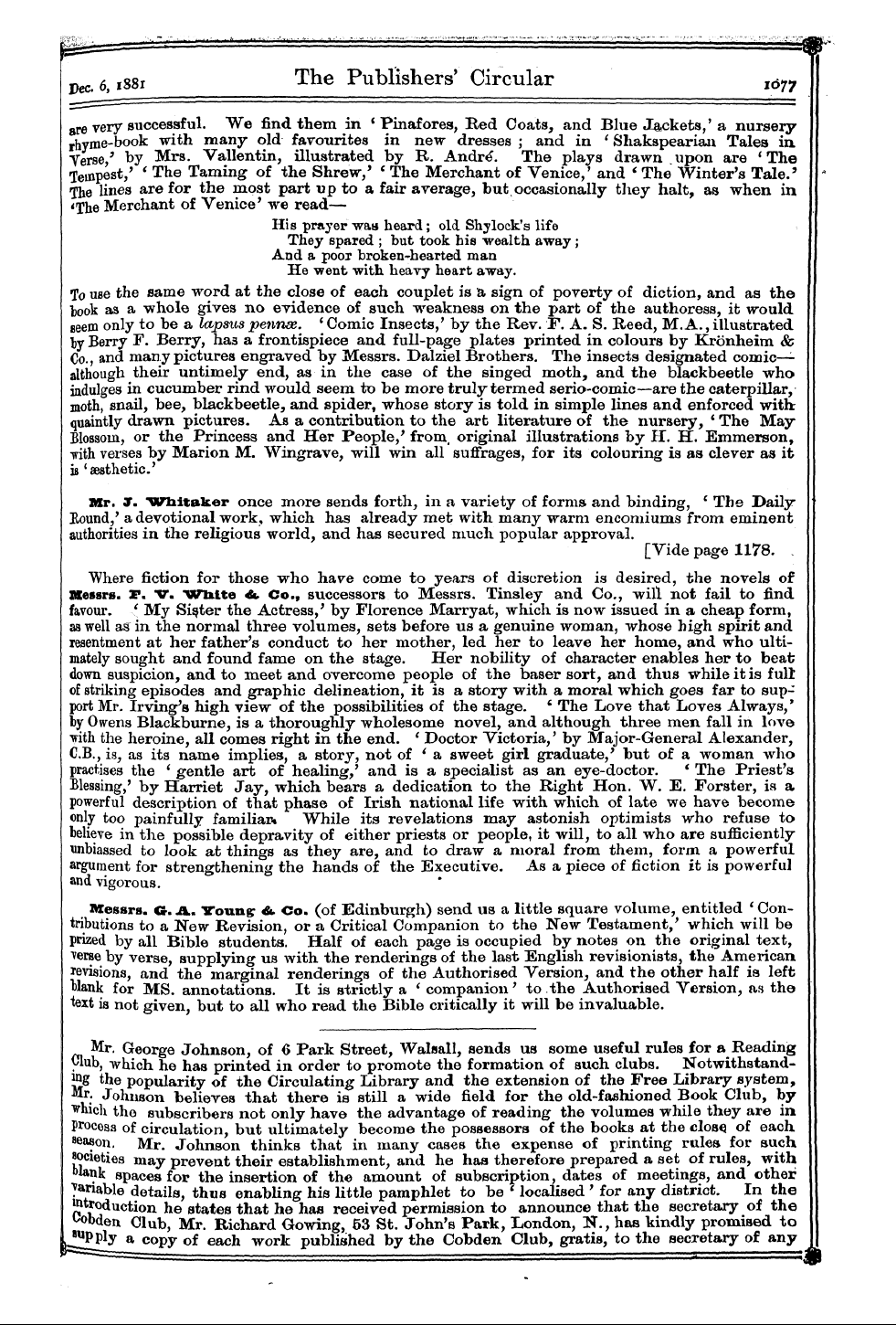 Publishers’ Circular (1880-1890): jS F Y, 1st edition - Messrs. Baker &. Sonsof Cliftonwho Are M...