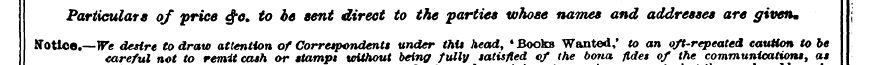 Particulars of price £c. to be sent dire...