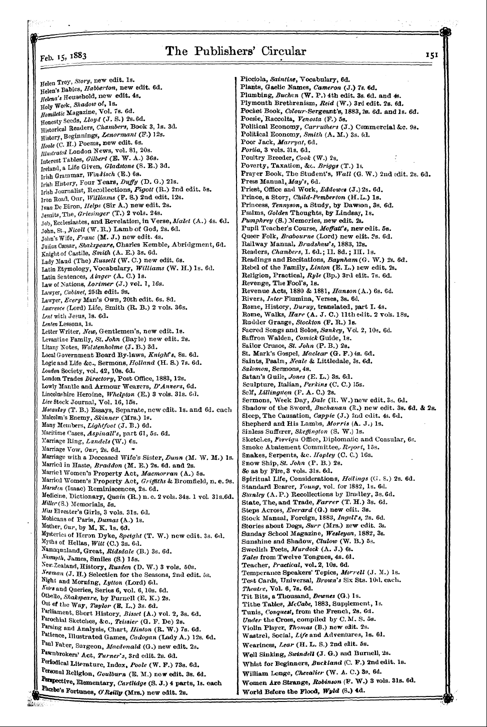 Publishers’ Circular (1880-1890): jS F Y, 1st edition - Abel Drake's Wife, Saunders (J.) New Edi...