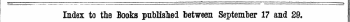 Index to the Books published between September 17 and 29, 2%e Words in Italics cere those under which tixt Titles are given Alphabetically in full, with the Publisher's Name.