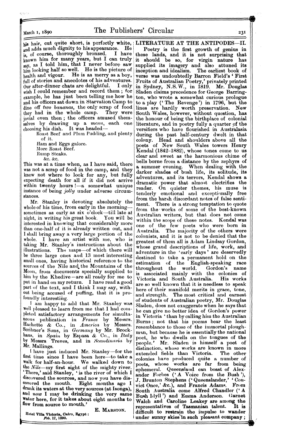 Publishers’ Circular (1880-1890): jS F Y, 1st edition - Mr. Marston And Mr. Stanley At Cairo.