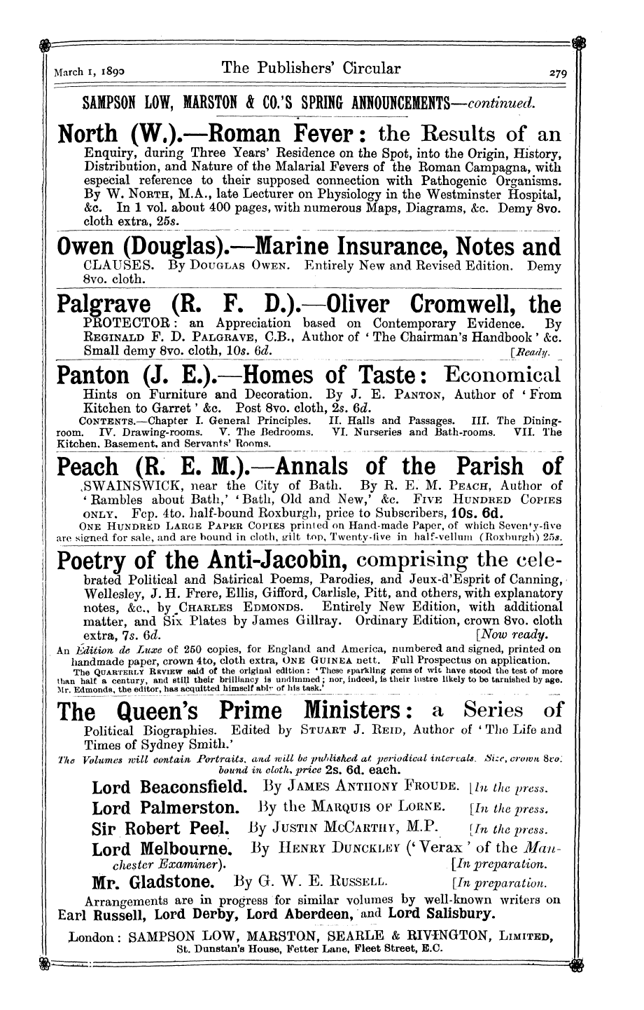 Publishers’ Circular (1880-1890): jS F Y, 1st edition - Ad05801