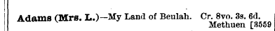 Adams (Mrs. L.)—My Land of Beulah. Cr Me...