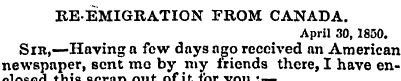 REEMIGRATION FROM CANADA. April 30, 1850...
