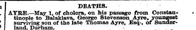 . , l DEATHS.. AYRE.—May 1, of cholera, ...
