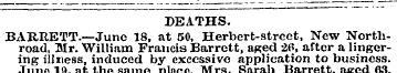 DEATHS. BARRETT.—June 18, at 50, Herbert...