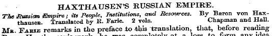 HAXTHAUSEN'S RUSSIAN EMPIRE. The Hussion...