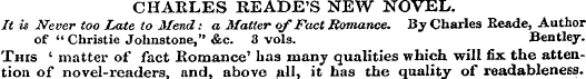 CHARLES READE'S NEW NOVEL. It is Never t...