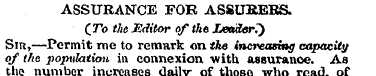 ASSURANCE FOR ASSURERS. (To the Editor o...
