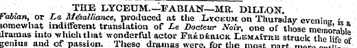 THE LYCEUM—FABIAN—MR. DILLON. Fabian, - ...