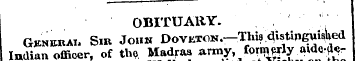 | OBITUARY. '. Gvnebau Sin John Dovetoh....