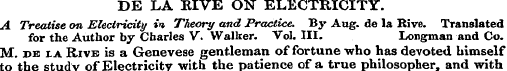 DE LA KIVE ON ELECTRICITY. A Treatise on...