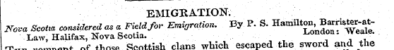 EMIGRATION. Nova Scotra considered as % ...