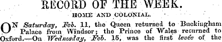 RECOliD OF THE WEEK. HOME AND COLONIAL. ...
