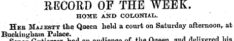 S.ECORD OF THE WEEK. HOME AND COIiONIAIj...