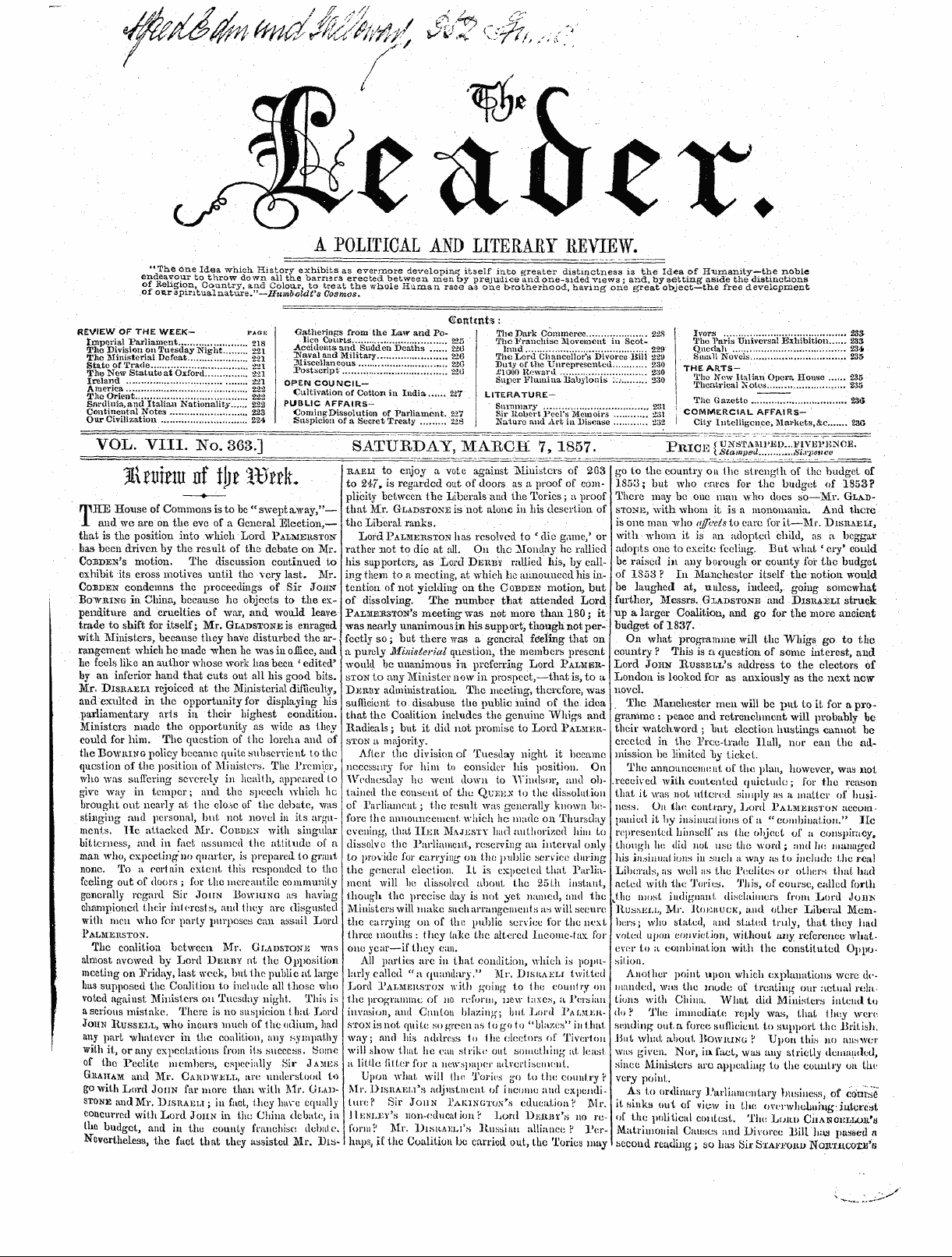 Leader (1850-1860): jS F Y, 1st edition - ^/{ ^Am^M/, ' $Fe'&Lt;$F.,Ur . A Political And Literary Review.