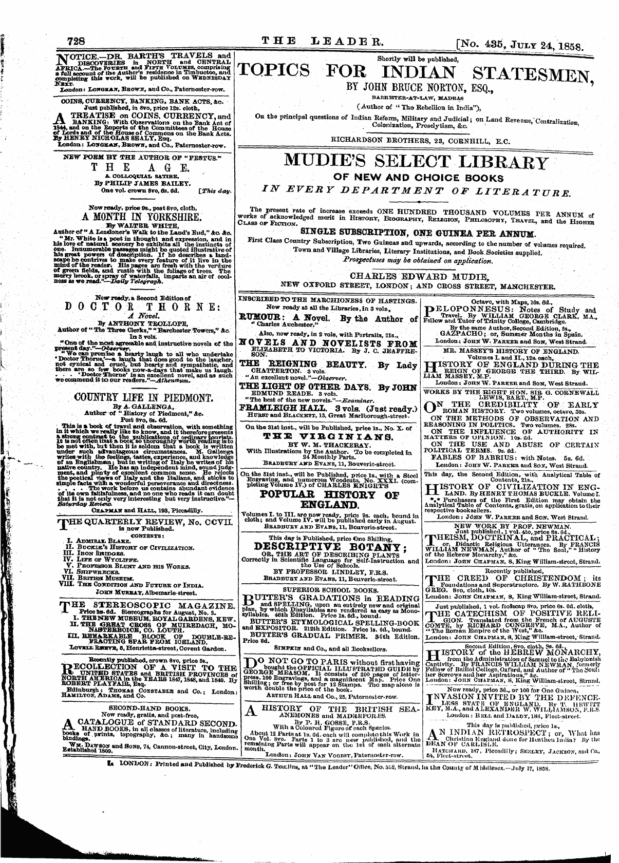 Leader (1850-1860): jS F Y, 1st edition - Untitled Ad