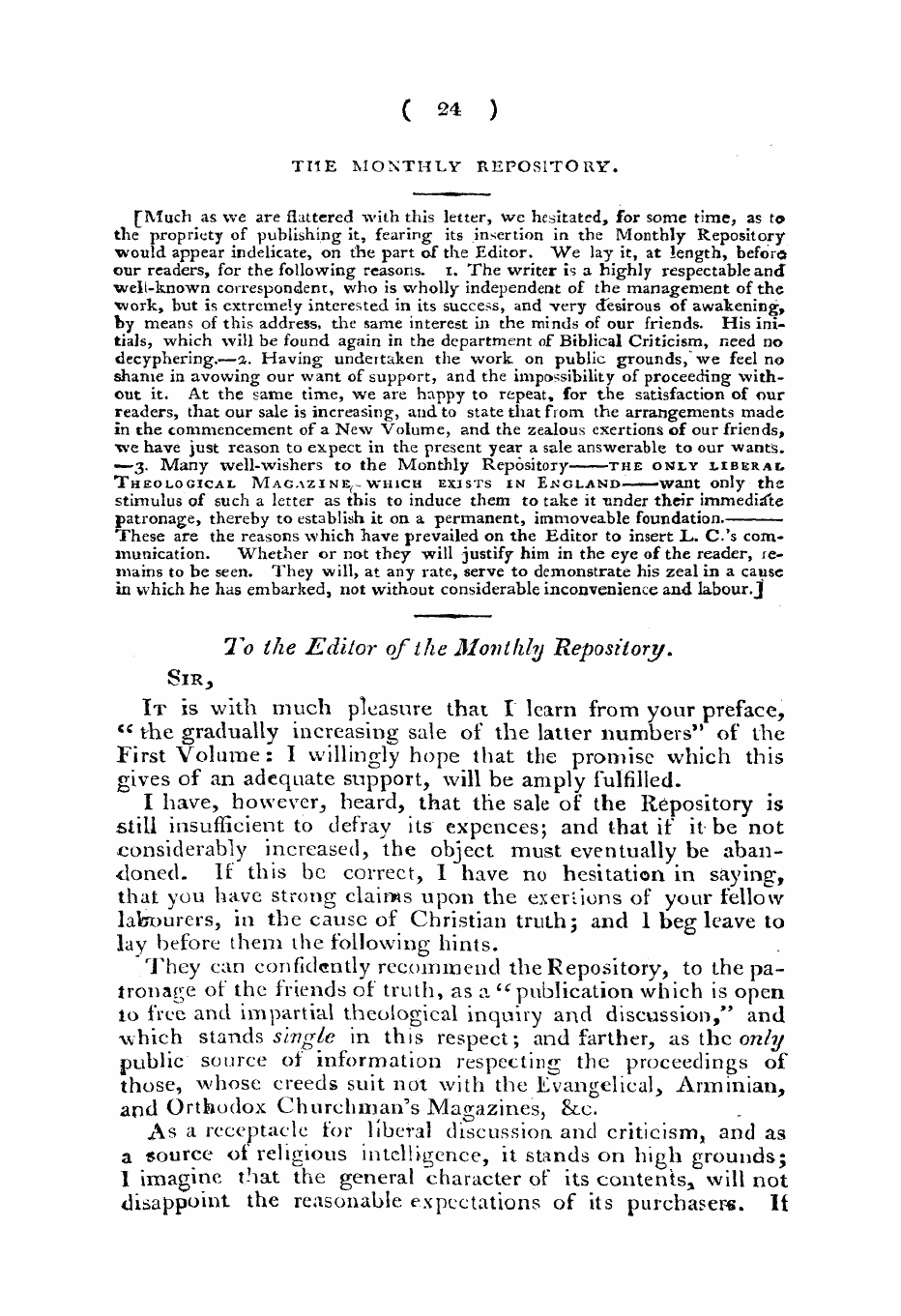 Monthly Repository (1806-1838) and Unitarian Chronicle (1832-1833): F Y, 1st edition - ( 24 )