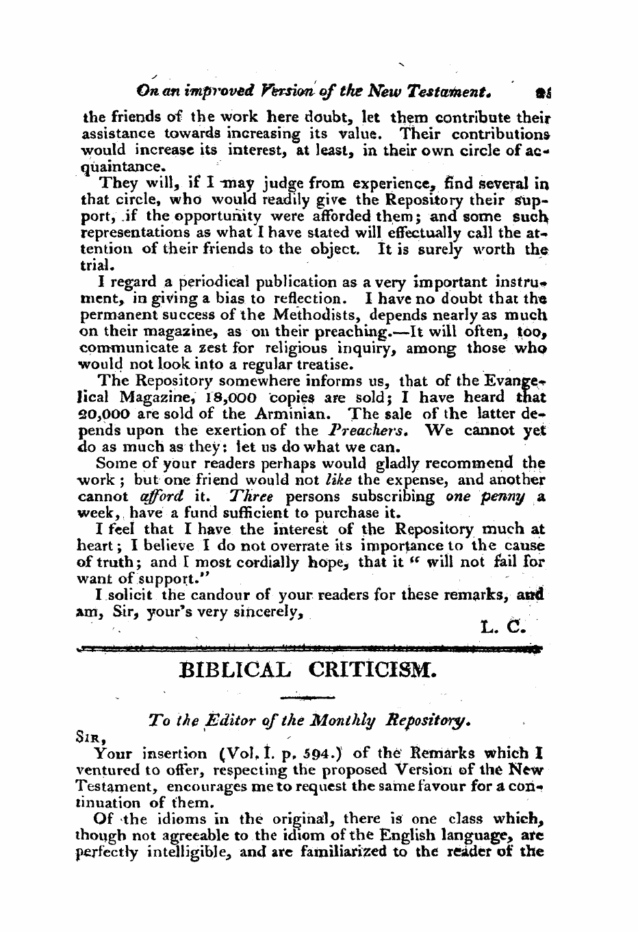 Monthly Repository (1806-1838) and Unitarian Chronicle (1832-1833): F Y, 1st edition - Biblical Criticism