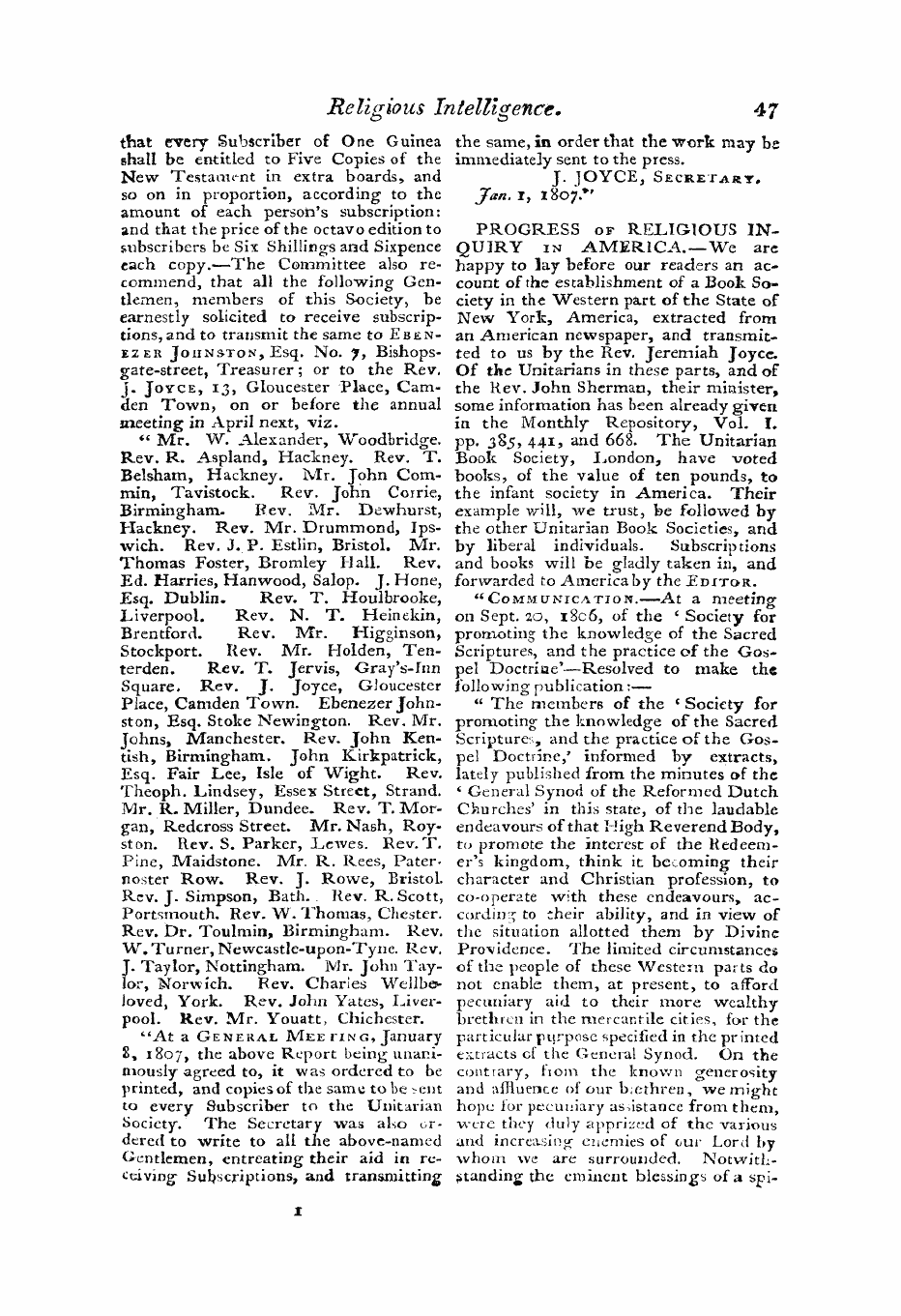 Monthly Repository (1806-1838) and Unitarian Chronicle (1832-1833): F Y, 1st edition: 47