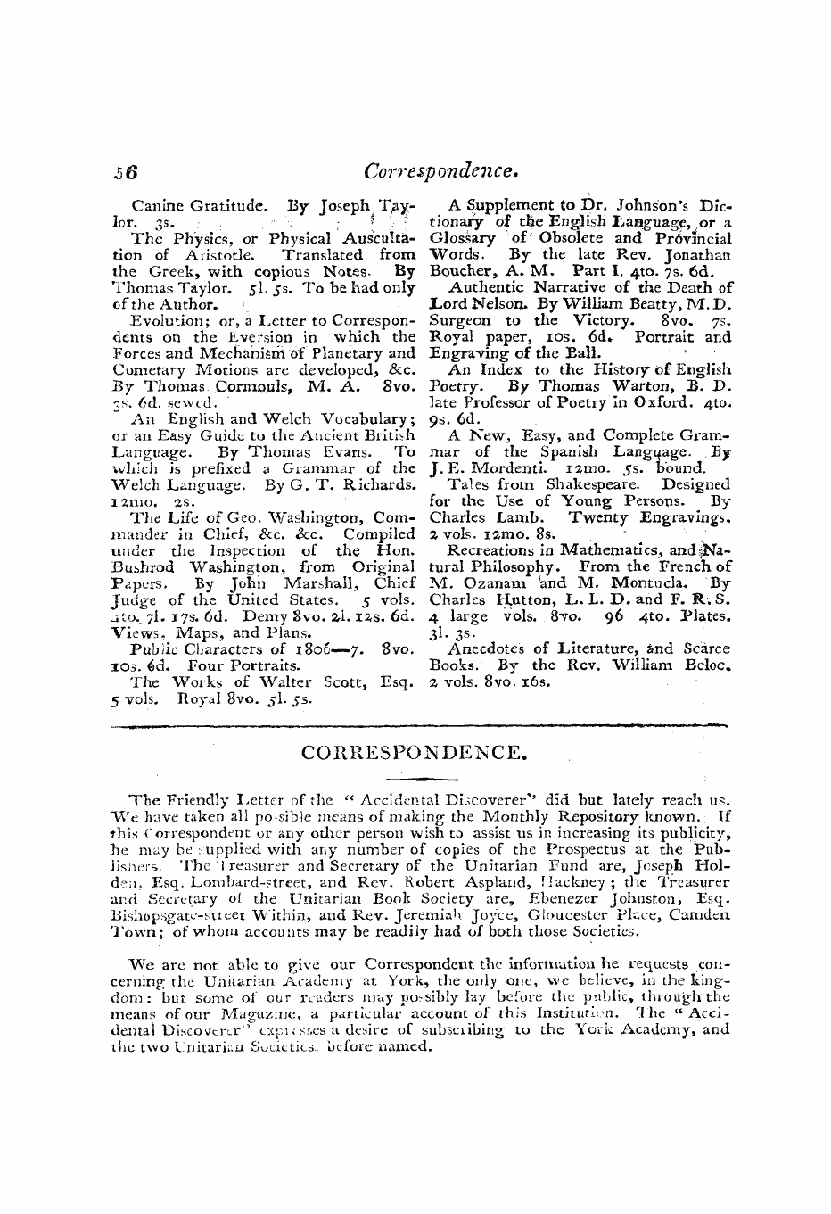 Monthly Repository (1806-1838) and Unitarian Chronicle (1832-1833): F Y, 1st edition - Correspondence.