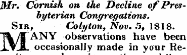 Mr. Cornish on ike Decline of Presbyteri...