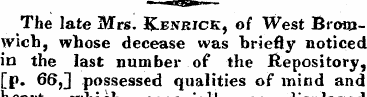 The late Mrs. Kenrjck, of West Bromwicb,...