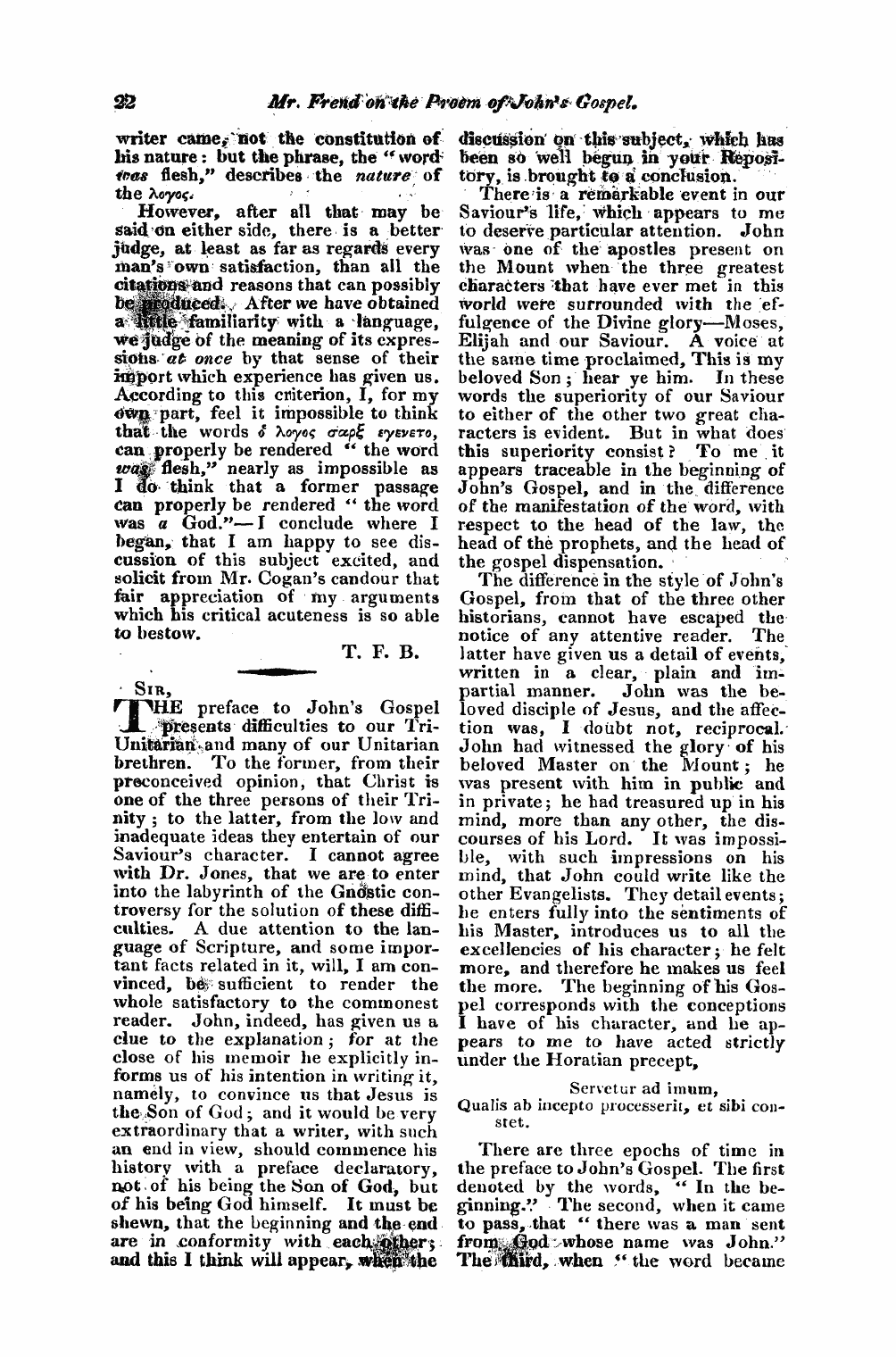 Monthly Repository (1806-1838) and Unitarian Chronicle (1832-1833): F Y, 1st edition - Untitled Article