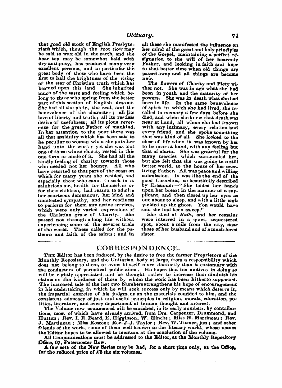 Monthly Repository (1806-1838) and Unitarian Chronicle (1832-1833): F Y, 1st edition - Correspondence.