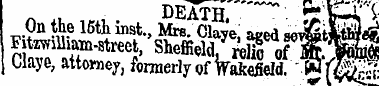DEATH *ipn On the 15th inst., Mrs. Clave...