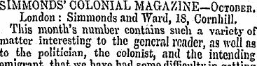 SIMMONDS* COLONIAL MAGAZINE-Octomb. Lond...