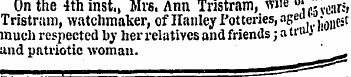 On the 4th inst., Mrs. Ann Tristram, u '...