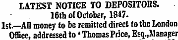 LATEST NOTICE TO DEPOSITORS. 16th of Oct...