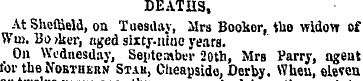 DEATHS, At Sheffield, on Tuesday, Mrs Bo...