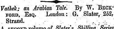 Vaihek; an Arabian Tale. By IV. Beckford...