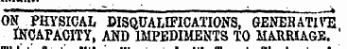 . ON PHYSICAL DISQUALIFICATIONS, GENERATIVE INCAPACITY, AND IMPEDIMENTS TO MARRIAGE. '