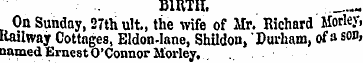 BIRTH. On Sunday, 27th ult., the wife of...