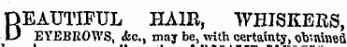 DEAUTIFUL HAIR, WHISKERS, \j EYEBROWS, &lt;fcc, may be, with certainty, ob'.ainetl