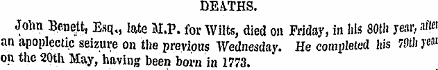 DEATHS. John Beneit, Esq., late M.P. for...